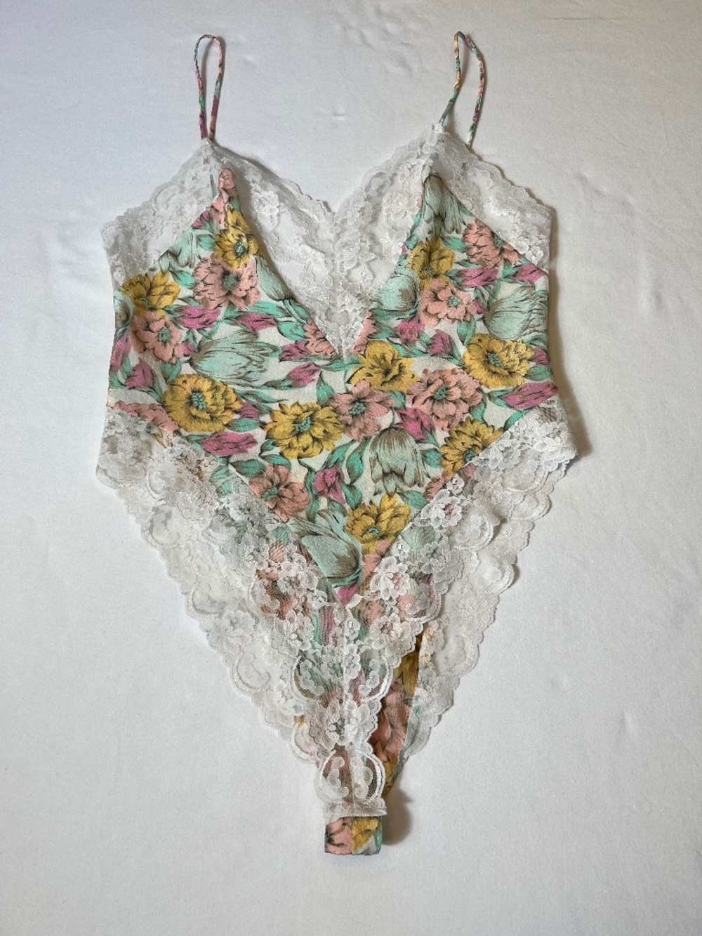 Vintage Victoria's Secret Gold Label Lace and Pastel Floral Print Bodysuit Teddy